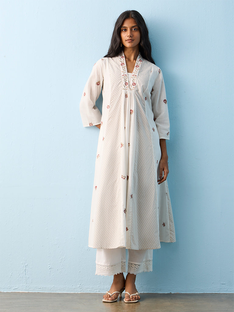 Utsa White Floral Embroidered Cotton A-Line Kurta
