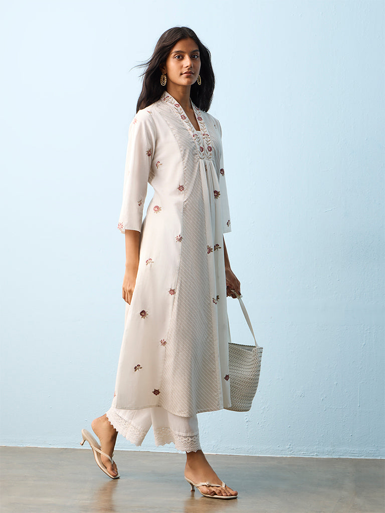 Utsa White Floral Embroidered Cotton A-Line Kurta