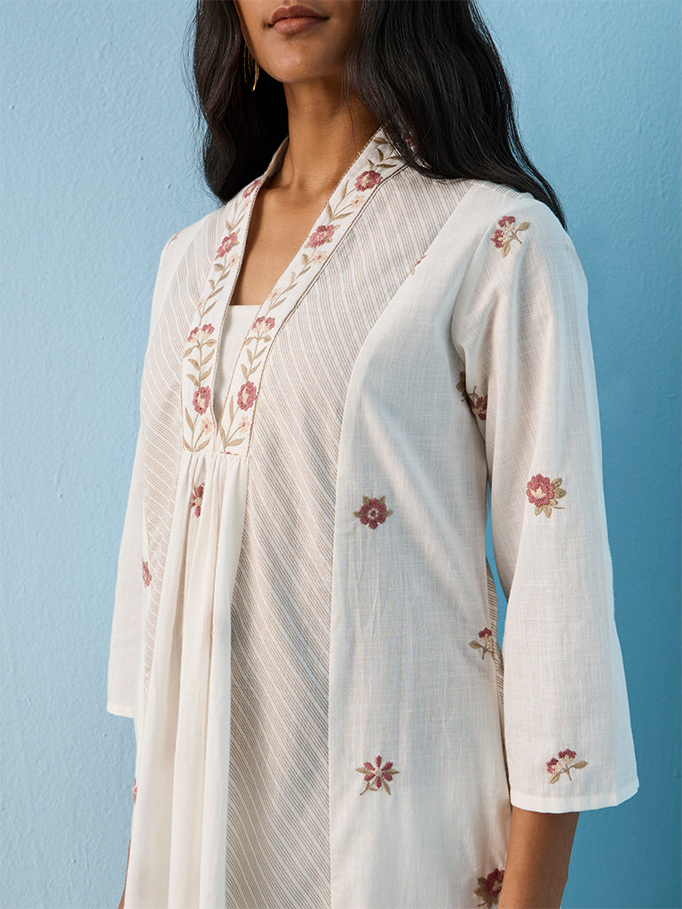 Utsa White Floral Embroidered Cotton A-Line Kurta