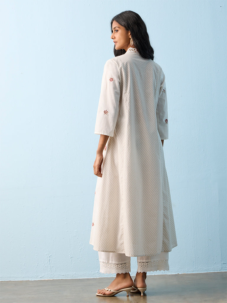 Utsa White Floral Embroidered Cotton A-Line Kurta
