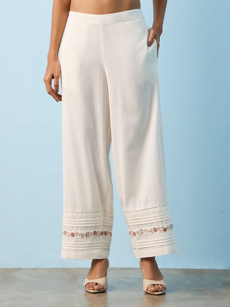 Utsa White Embroidered Cotton-Blend Pants