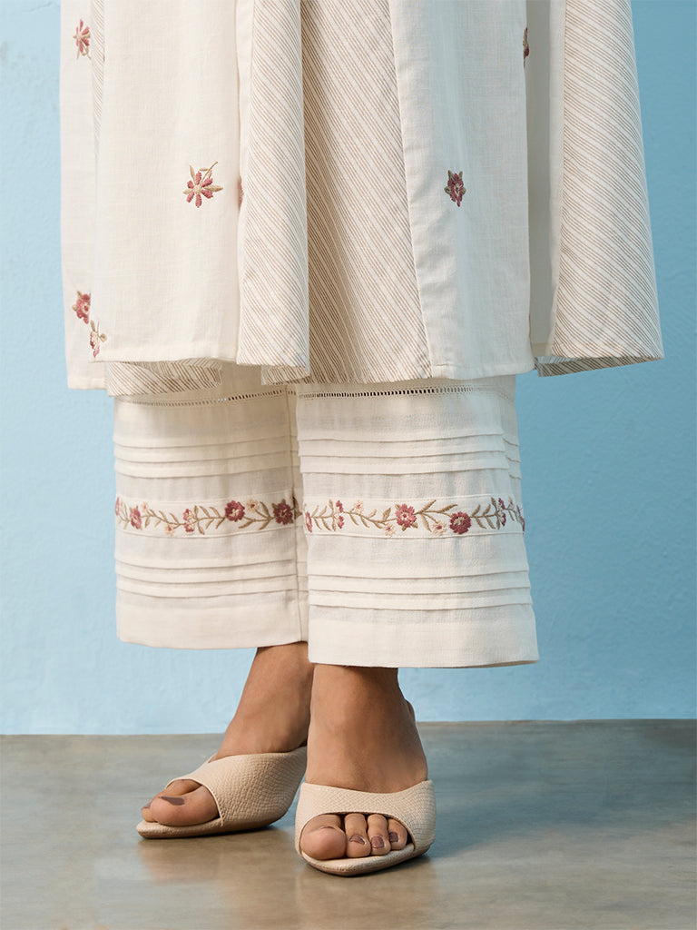 Utsa White Embroidered Cotton-Blend Pants