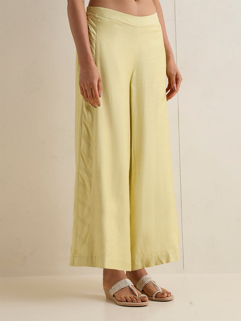 Zuba Lime Solid Silk-Blend Palazzos