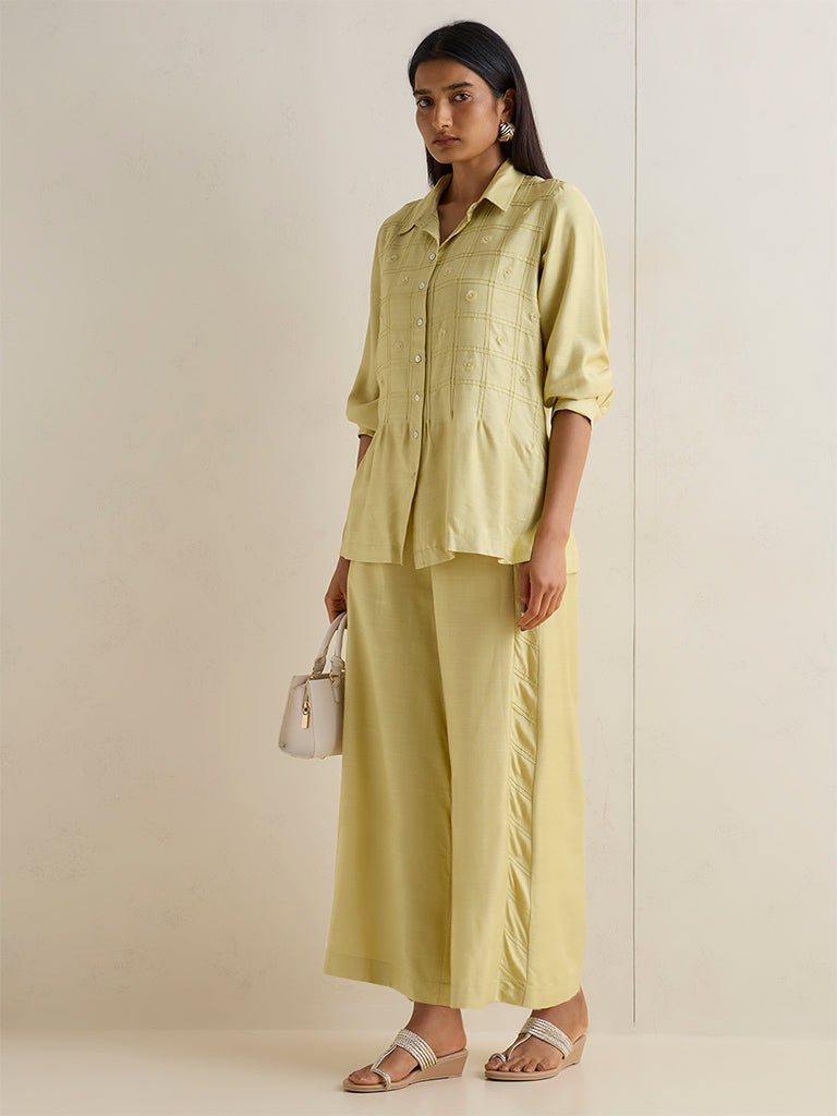 Zuba Lime Solid Silk-Blend Palazzos