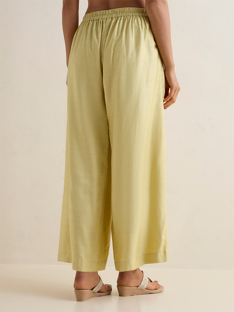 Zuba Lime Solid Silk-Blend Palazzos