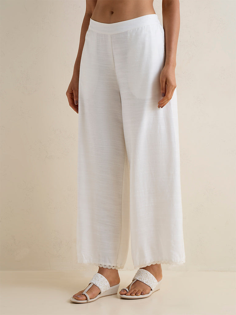 Zuba Off-White Lace-Detailed Silk-Blend Pants