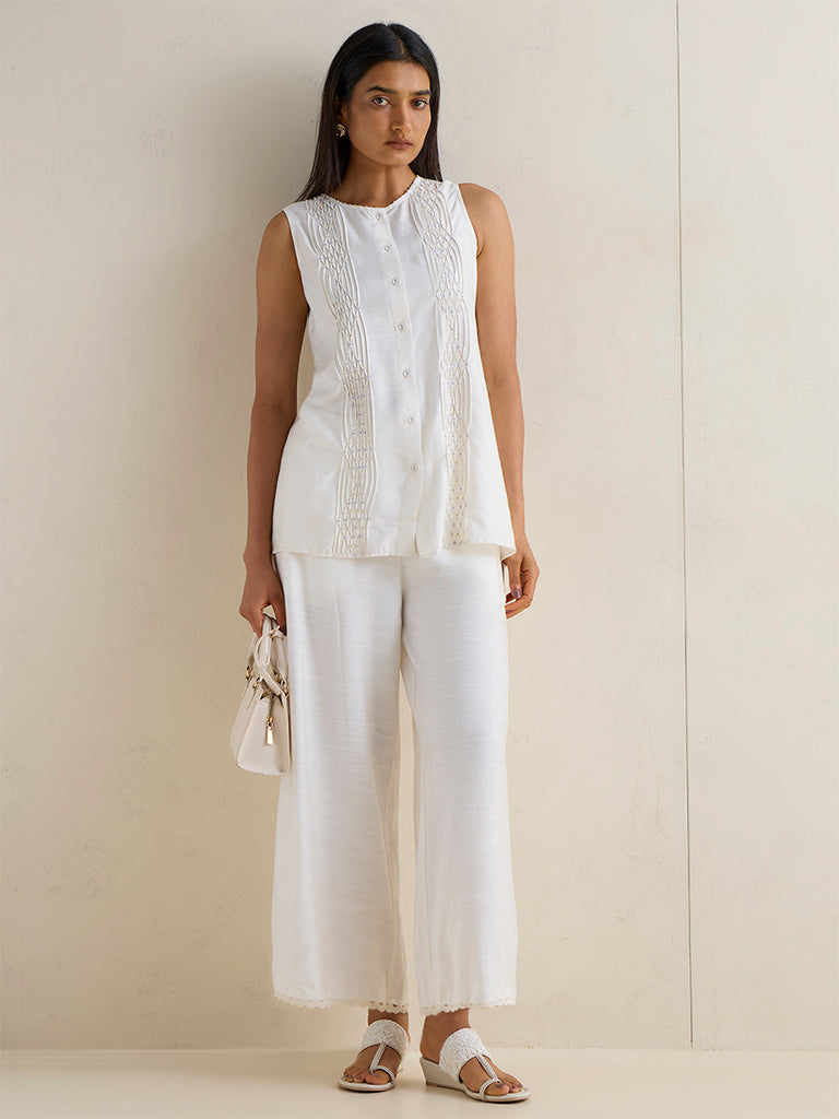 Zuba Off-White Lace-Detailed Silk-Blend Pants