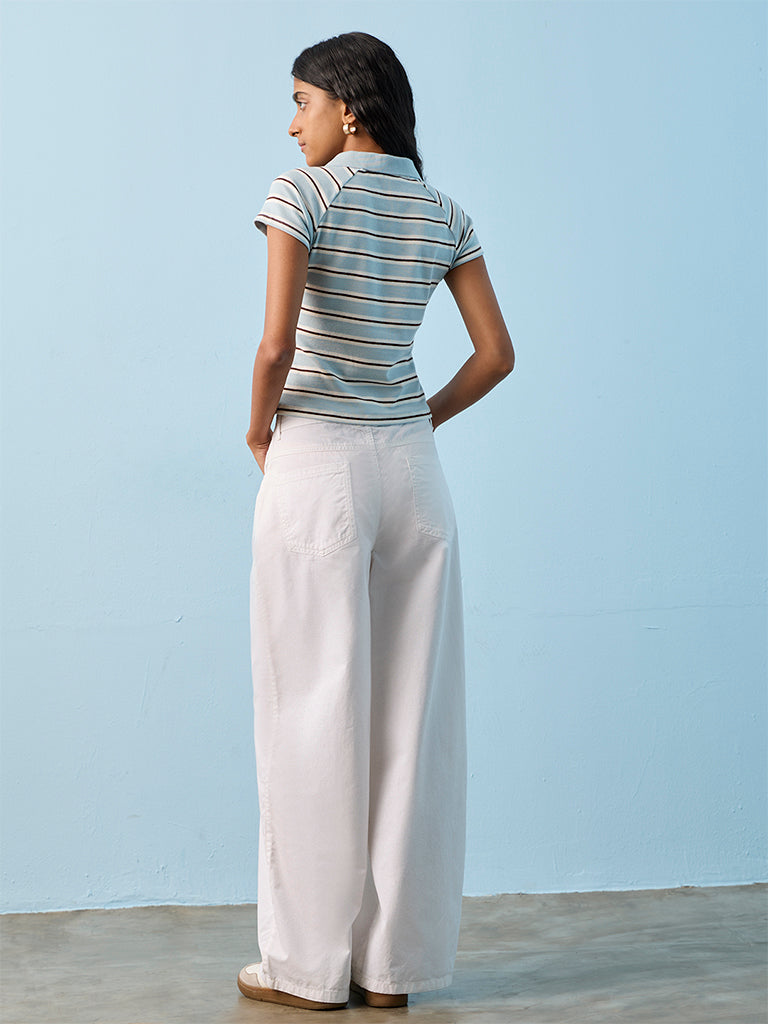 Nuon White Solid High-Rise Cotton Trousers