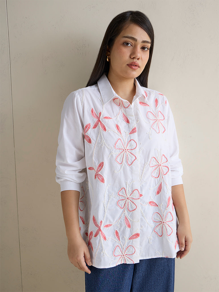 Gia White Floral Embroidered Cotton Shirt