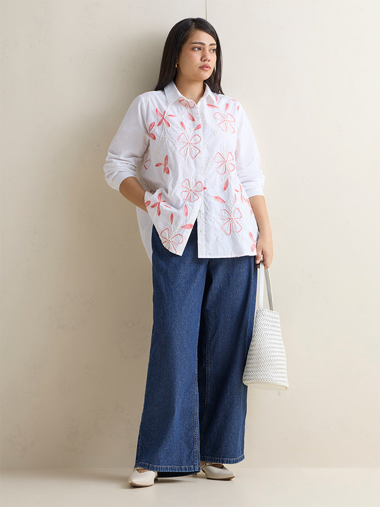 Gia White Floral Embroidered Cotton Shirt