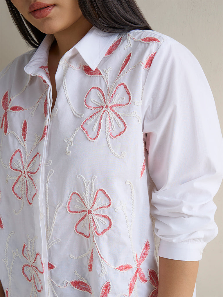 Gia White Floral Embroidered Cotton Shirt