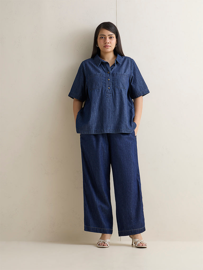 Gia Dark Blue Solid High-Rise Denim Pants