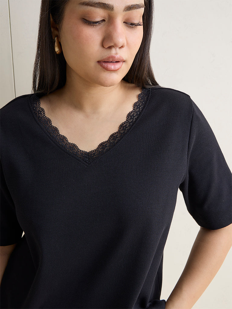 Gia Black Lace-Detailed Cotton-Blend Top