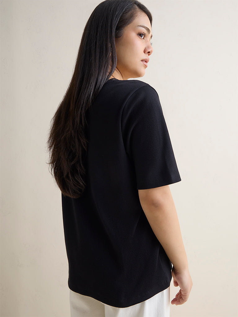 Gia Black Lace-Detailed Cotton-Blend Top