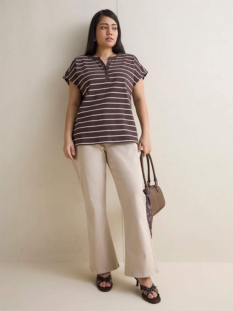 Gia Dark Brown Striped Cotton-Blend Top