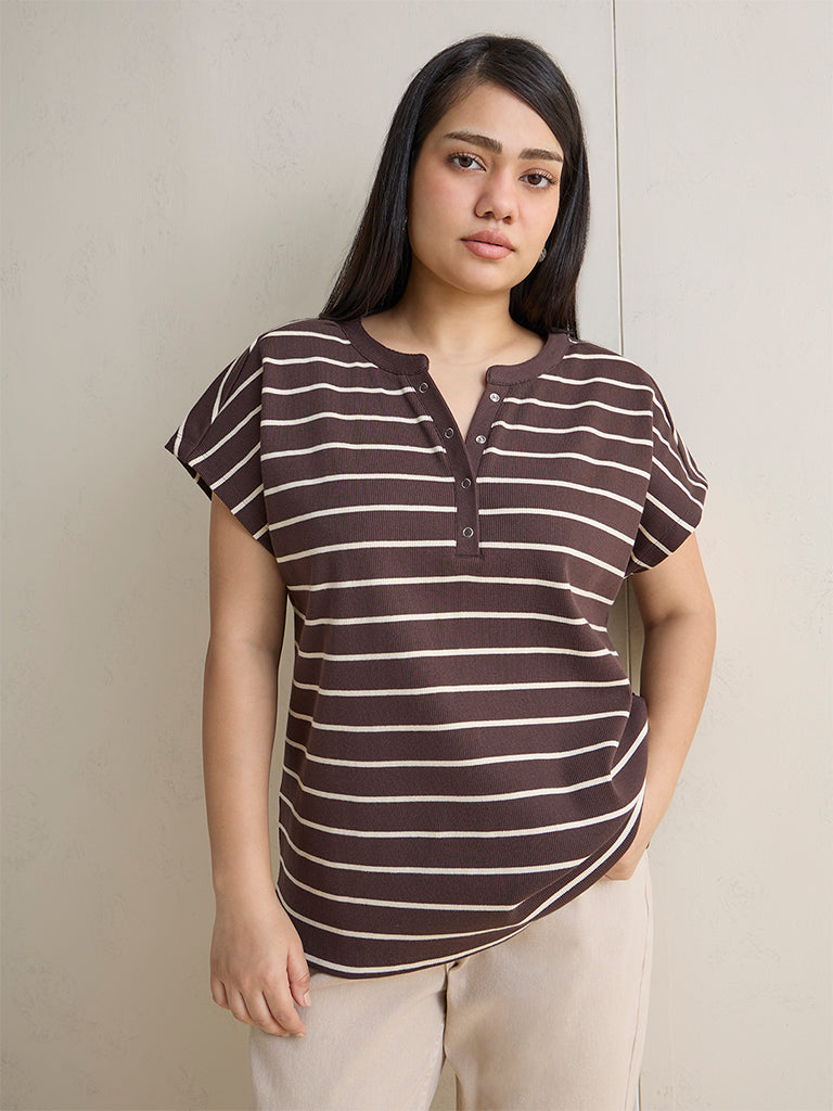 Gia Dark Brown Striped Cotton-Blend Top