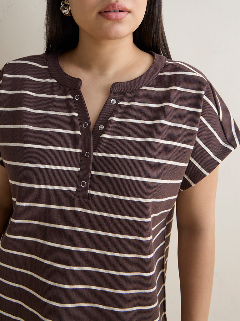 Gia Dark Brown Striped Cotton-Blend Top