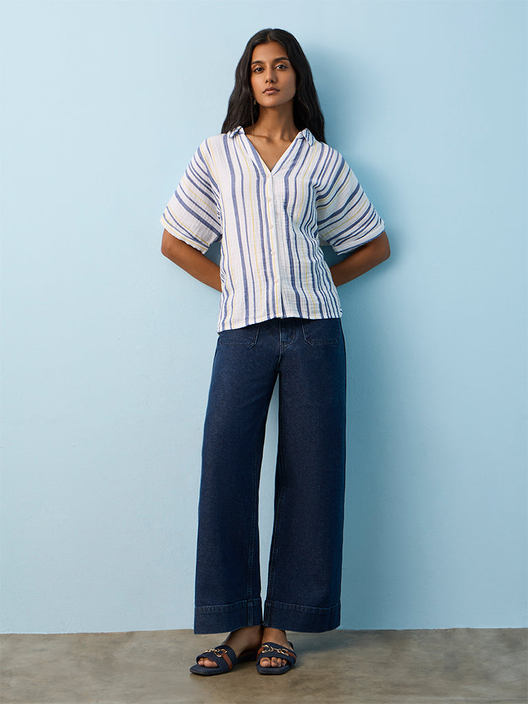 LOV Dusty Blue Striped Linen-Blend Shirt