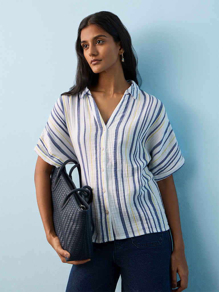 LOV Dusty Blue Striped Linen-Blend Shirt