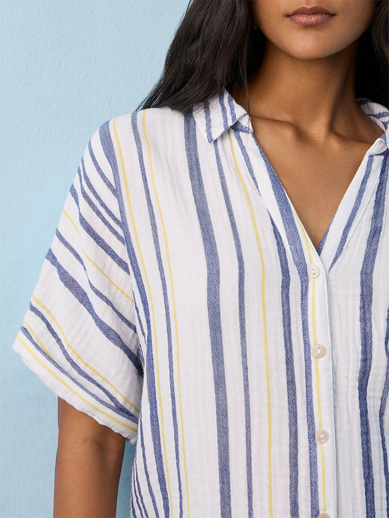 LOV Dusty Blue Striped Linen-Blend Shirt