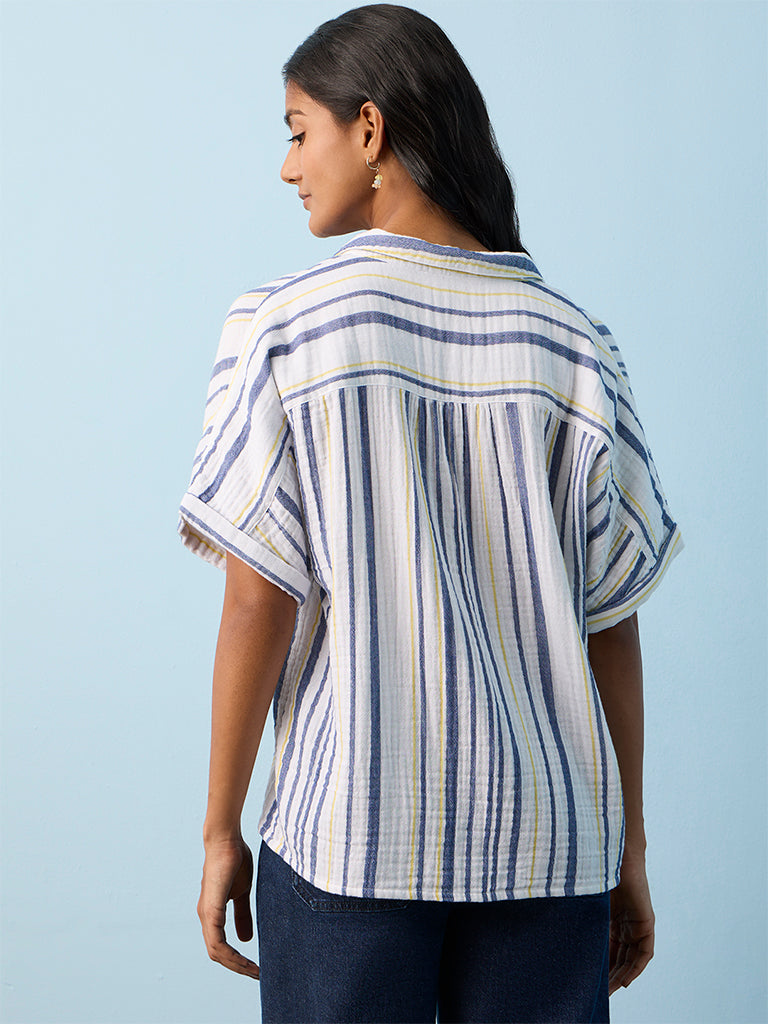 LOV Dusty Blue Striped Linen-Blend Shirt