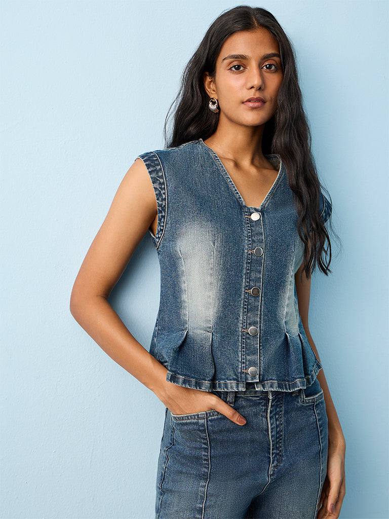 LOV Dark Blue Faded Denim Top
