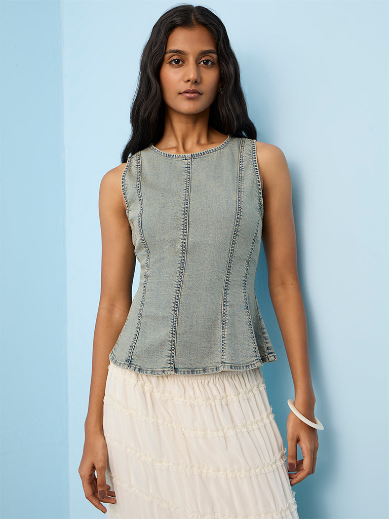 LOV Blue Acid Wash Denim Top