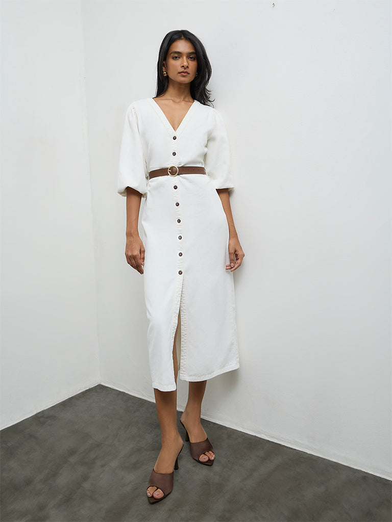 LOV Off-White Denim Straight Dress with Belt