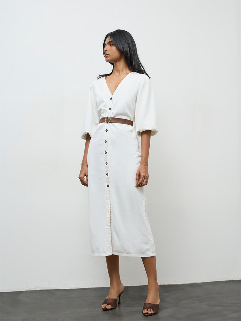 LOV Off-White Denim Straight Dress with Belt