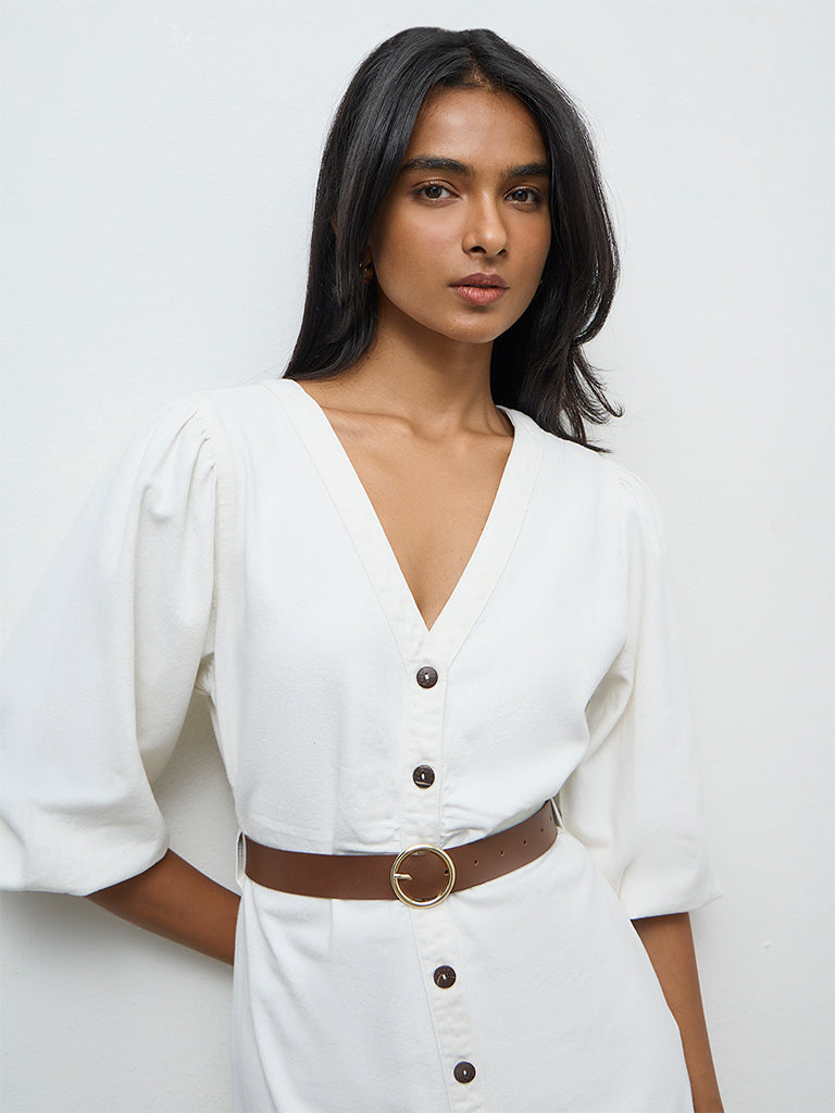 LOV Off-White Denim Straight Dress with Belt