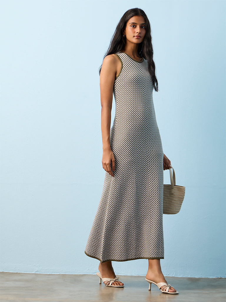 LOV Olive Chevron Design A-Line Maxi Dress