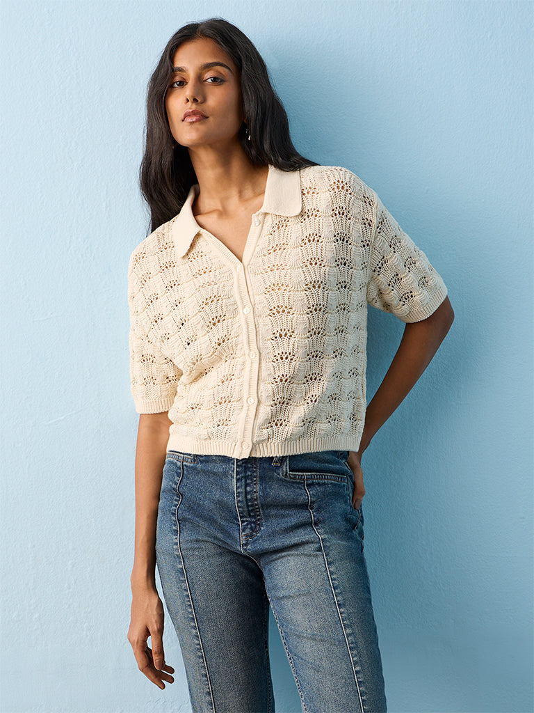 LOV Off-White Knitted Cotton-Blend Top