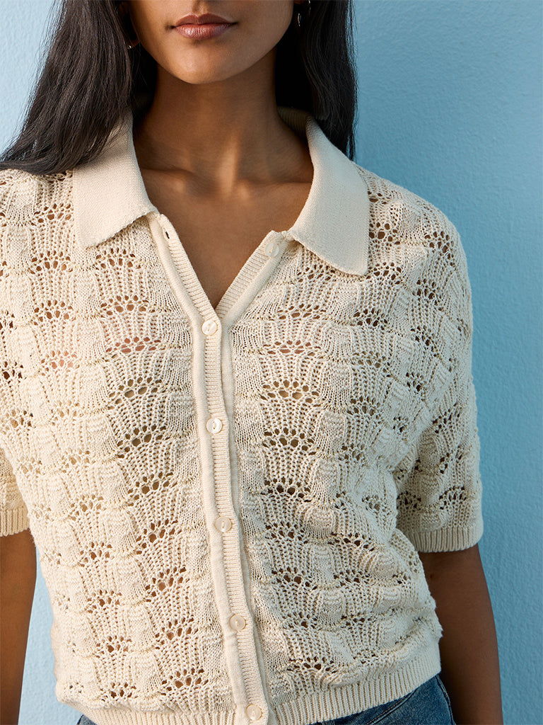 LOV Off-White Knitted Cotton-Blend Top