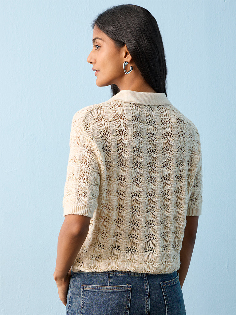 LOV Off-White Knitted Cotton-Blend Top