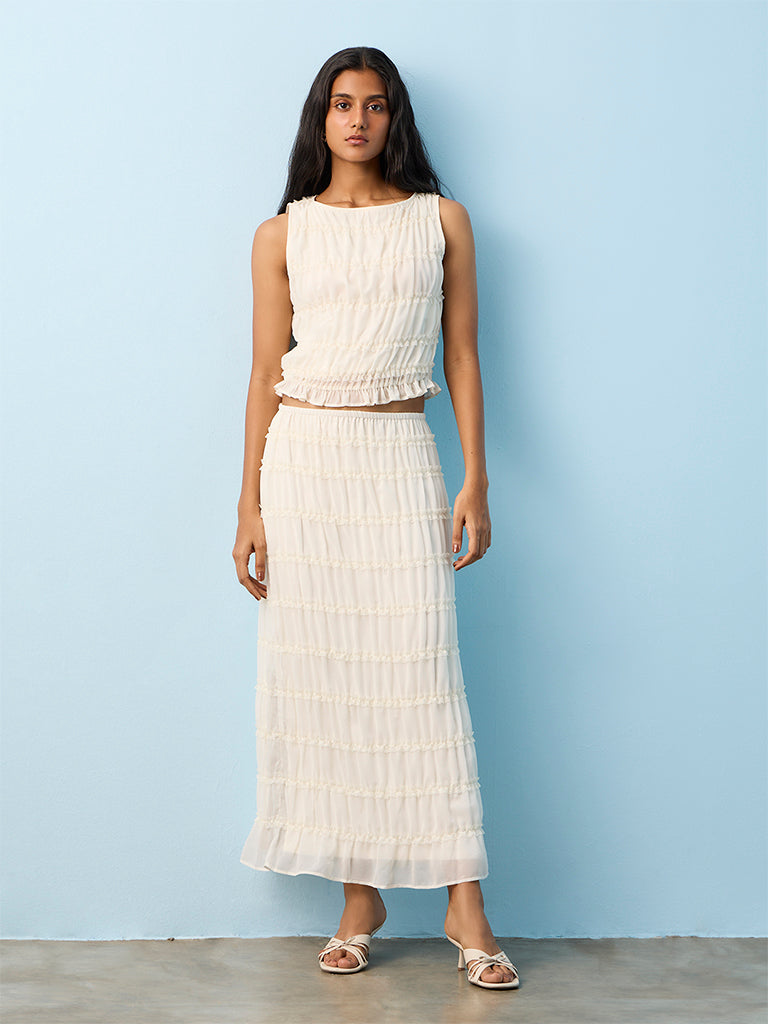 LOV Off-White Lace Detailed Smocked High-Rise Skirt