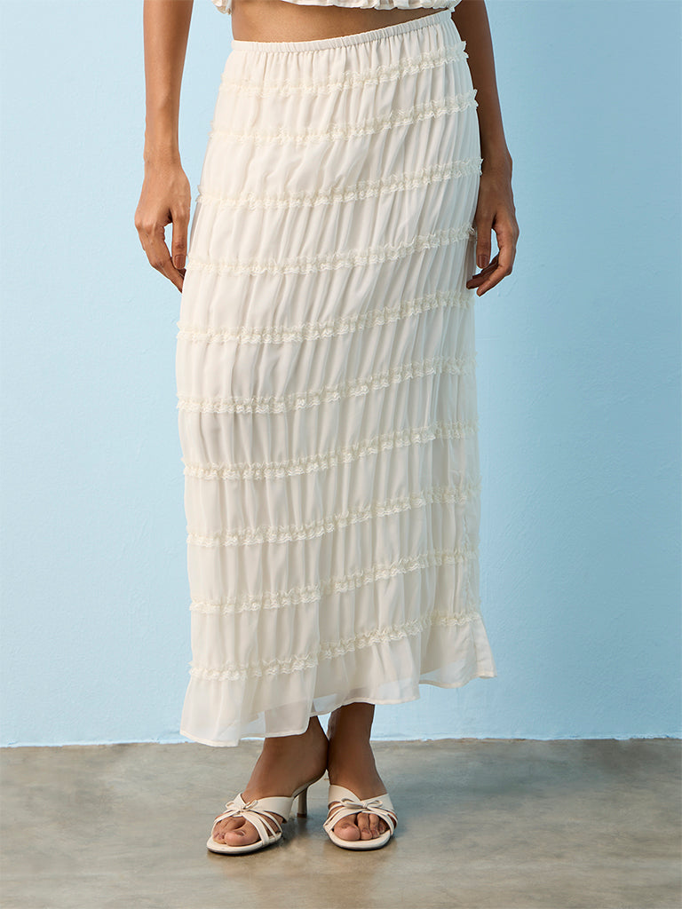 LOV Off-White Lace Detailed Smocked High-Rise Skirt