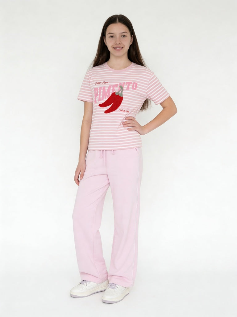 Girls Pink Striped Chilli Graphic Cotton T-Shirt