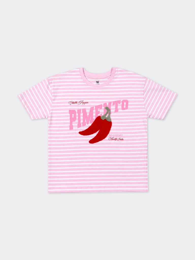 Girls Pink Striped Chilli Graphic Cotton T-Shirt