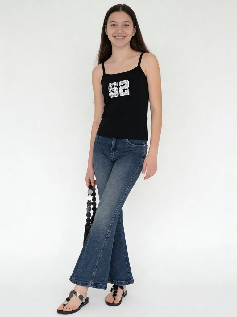 Girls Black Numeric Printed Cotton-Blend Top