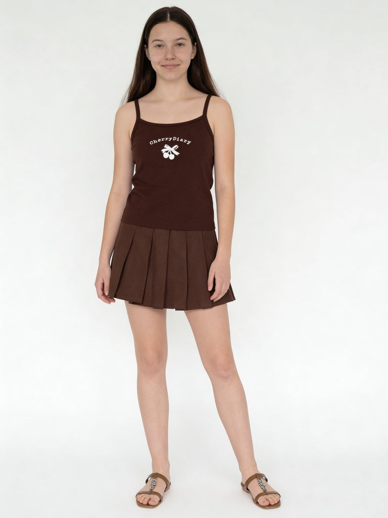 Girls Brown Graphic Printed Cotton-Blend Top