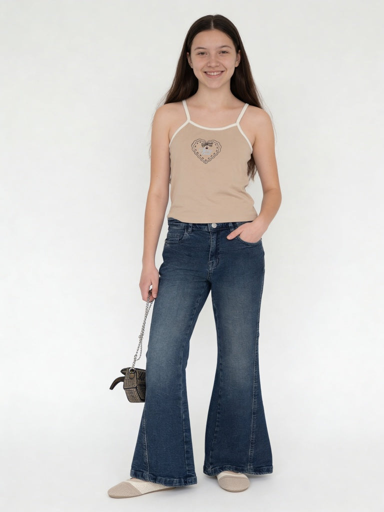 Girls Beige Printed Cotton-Blend Top