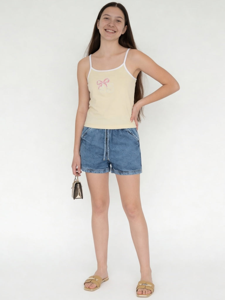 Girls Yellow Printed Cotton-Blend Camisole Top
