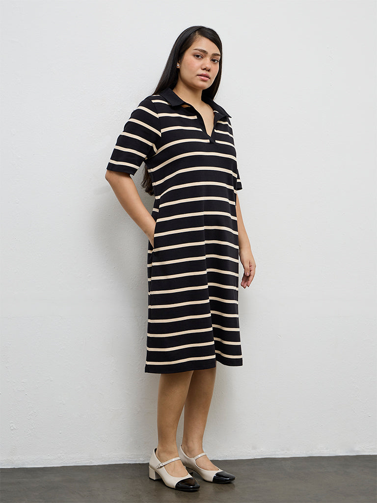 Gia Black Striped Cotton Shirt Dress