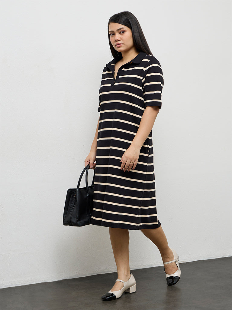 Gia Black Striped Cotton Shirt Dress