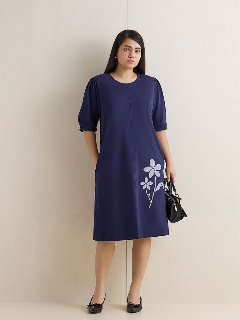 Gia Navy Floral Pattern Cotton A-Line Dress