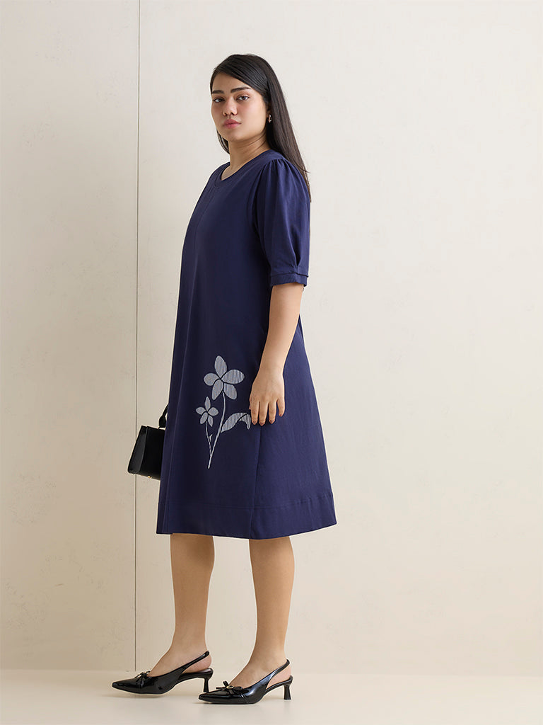 Gia Navy Floral Pattern Cotton A-Line Dress