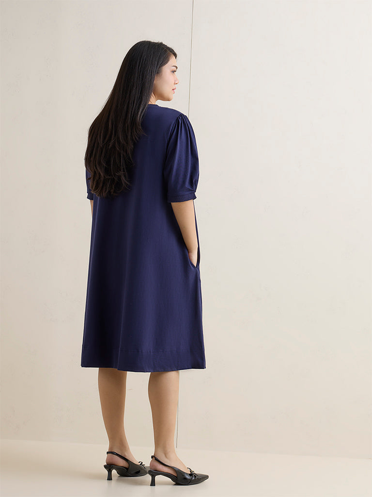 Gia Navy Floral Pattern Cotton A-Line Dress