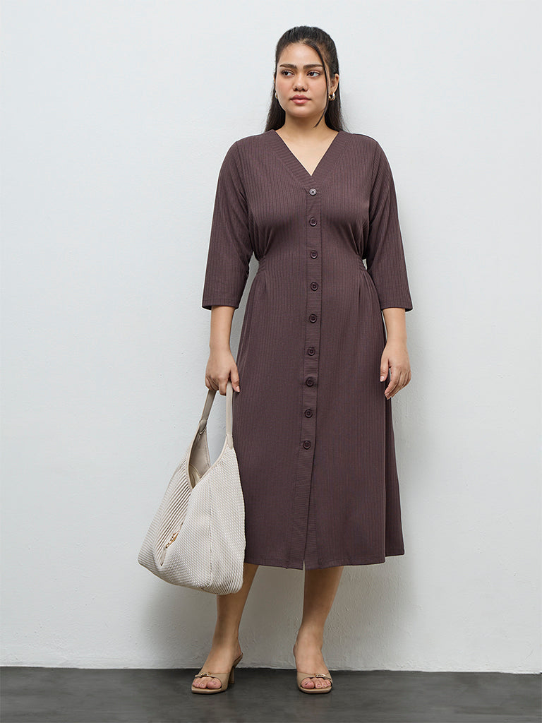 Gia Dark Brown Self-Striped A-Line Dress