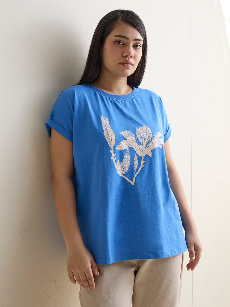 Gia Blue Floral Printed Cotton T-Shirt