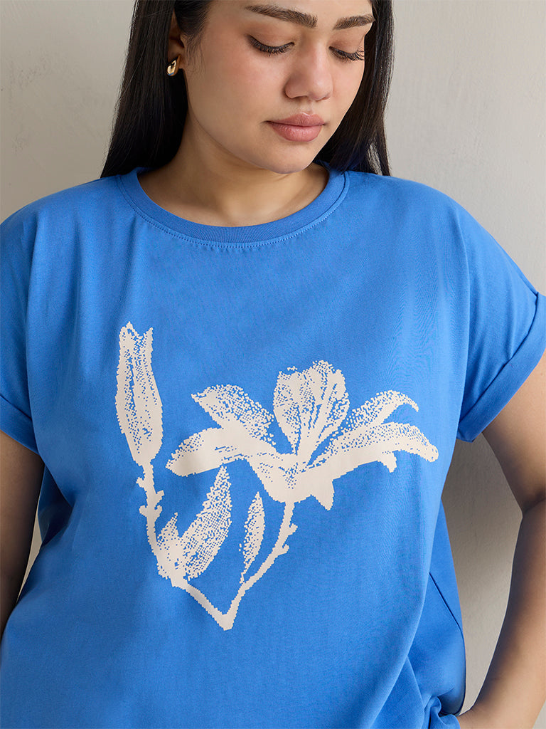 Gia Blue Floral Printed Cotton T-Shirt
